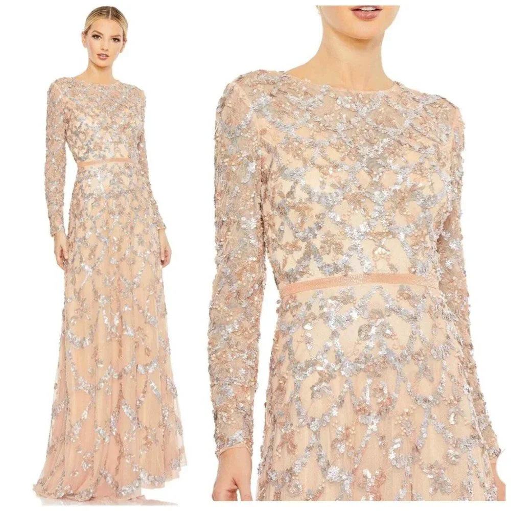 NWT MAC DUGGAL EMBELLISHED ILLUSION HIGH NECK LONG SLEEVED GOWN BLUSH 12 5496 - Picture 1 of 8